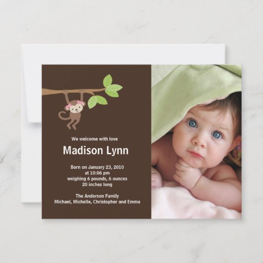 小さい猿の女の赤ちゃんの誕生の写真の発表 招待状 (正面)