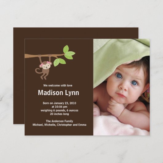 小さい猿の女の赤ちゃんの誕生の写真の発表 招待状 (正面/裏面)