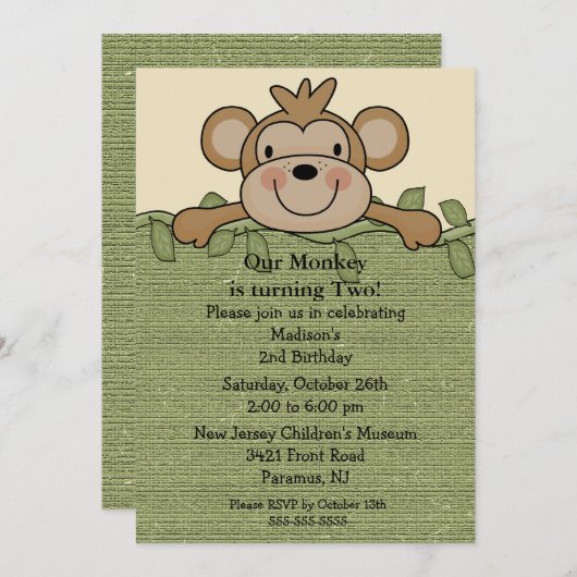 小さい猿の子供の誕生日の招待状 招待状 (正面/裏面)