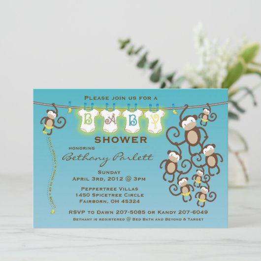 小さい猿の男の赤ちゃんのシャワーの招待状 招待状 (スタンド正面)