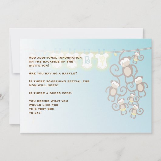 小さい猿の男の赤ちゃんのシャワーの招待状 招待状 (裏面)