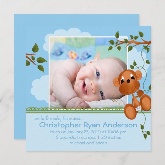 小さい猿の男の赤ちゃんの写真の発表 案内状 (正面/裏面)