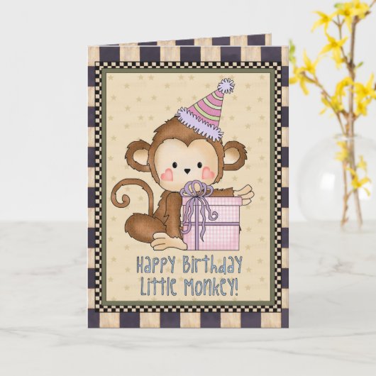 小さい猿の誕生日の挨拶状 カード (黄色い花)