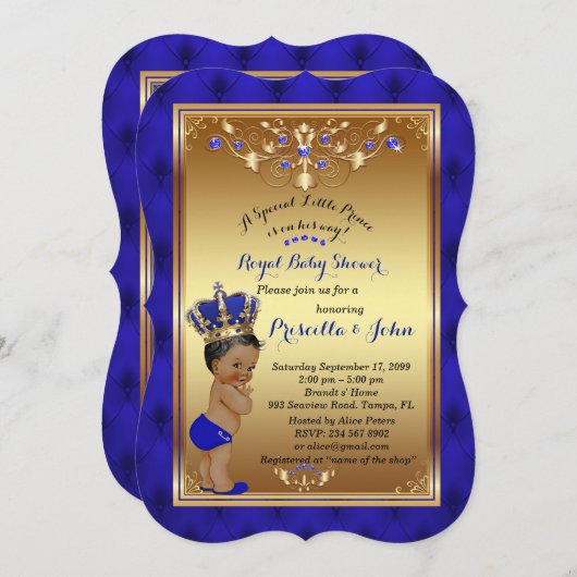 小さい王子ベビーシャワーの招待状、青いブラケット 招待状 (正面/裏面)