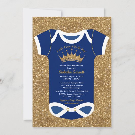 小さい王子濃紺及び王室のな金ゴールドのベビーシャワー 招待状 (正面)