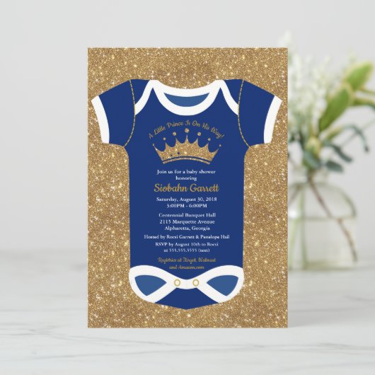 小さい王子濃紺及び王室のな金ゴールドのベビーシャワー 招待状 (スタンド正面)