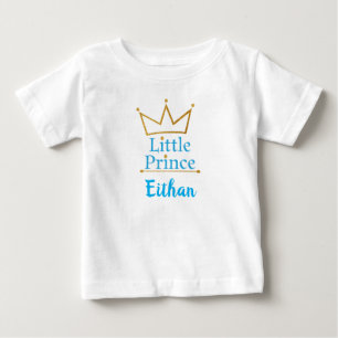 小さい王子Blueの文字および金ゴールドの王冠 ベビーTシャツ
