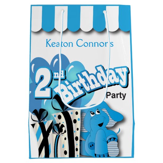 小さい男の子の第2青い象の誕生日 ミディアムペーパーバッグ (裏面)