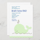 小さい緑のクジラ5x7の誕生日の招待状 招待状 (正面/裏面)