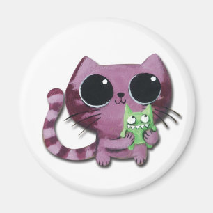 小さい緑モンスターを持つかわいい子猫猫 マグネット