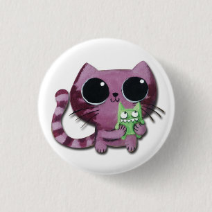 小さい緑モンスターを持つかわいい子猫猫 缶バッジ