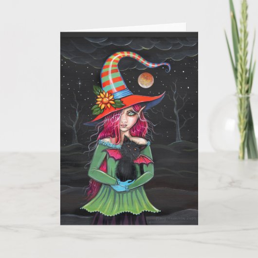「小さい翼」のハロウィンの魔法使い猫カード カード (正面)