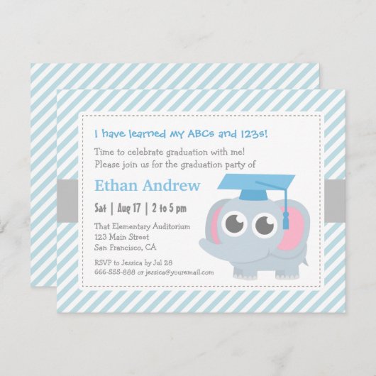 小さい象は幼稚園の卒業パーティーをからかいます 招待状 (正面/裏面)