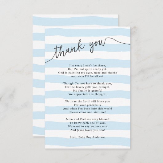 小さい青い縞の男の赤ちゃん サンキューカード (正面/裏面)
