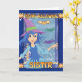 小さい魔法使いが付いている姉妹のハロウィンの挨拶状 カード (黄色い花)