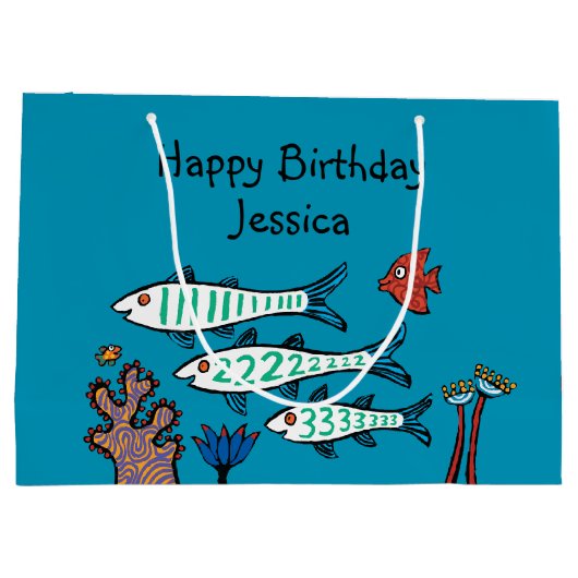 小さい魚を持つ1匹、2匹、3匹の魚および珊瑚 ラージペーパーバッグ (裏面)