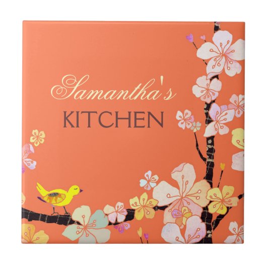 小さい鳥および桜の花の台所Trivet Deco タイル (正面)