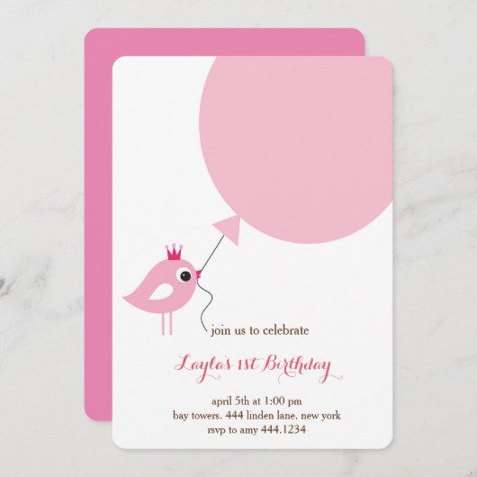 小さい鳥のプリンセスの最初誕生日の招待状 招待状 (正面/裏面)