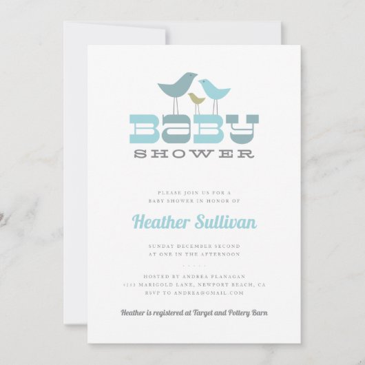 小さい鳥のベビーシャワーの招待状-青 招待状 (正面)