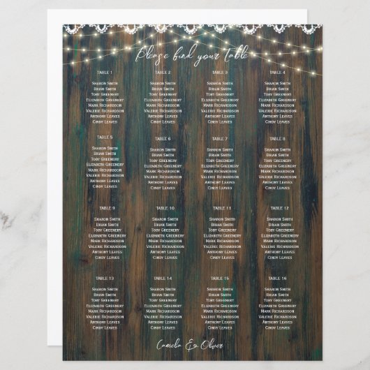 小さい16テーブルの素朴木製レースのシーティングチャート (正面/裏面)