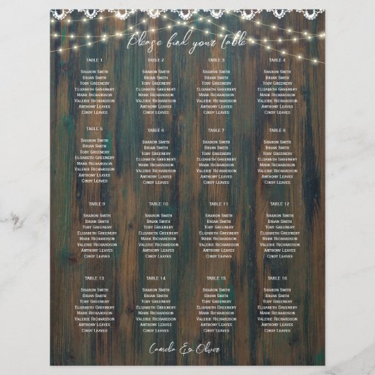 小さい16テーブルの素朴木製レースのシーティングチャート (正面)