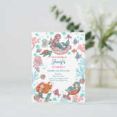 小さくてかわいいリトルマーメイドの誕生日招待状 ポストカード (スタンド正面)