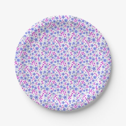 小さくてかわいい白い青いピンクの花柄 ペーパープレート (正面)