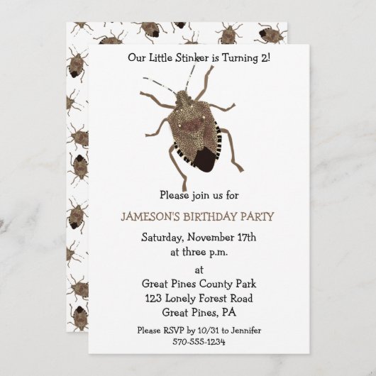 小さなおもしろい悪臭の茶色の悪臭バグ誕生日 招待状 (正面/裏面)