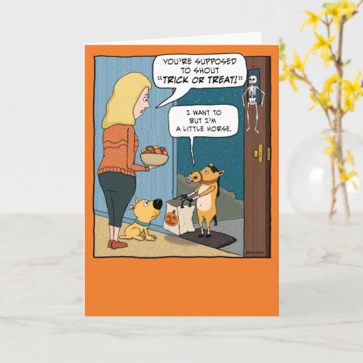 小さなおもしろい馬のトリックまたはハロウィーンを扱う カード (黄色い花)