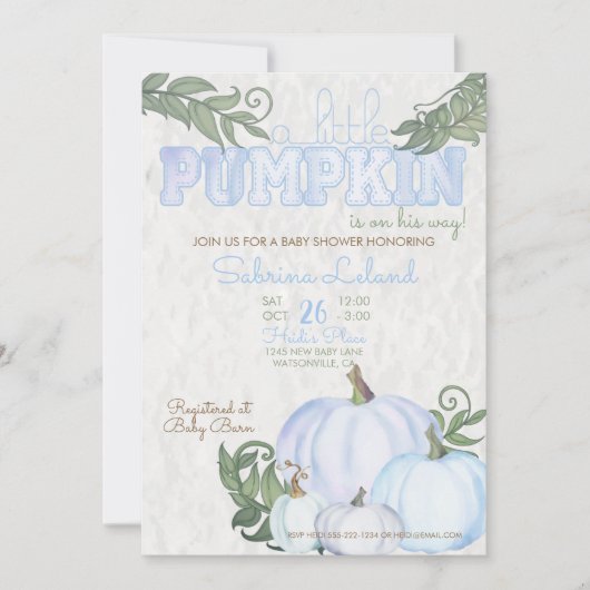 小さなお洒落かぼちゃ青い男の子の赤ちゃんシャワー 招待状 (正面)