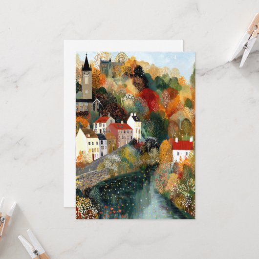 小さなお洒落町の秋のシーンハローハイフラット カード (正面/裏面インサイチュ)