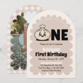 小さなお饅頭のバオディムサムガール 1歳の誕生日 招待状 (正面/裏面)