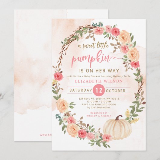 小さなかぼちゃがやってくる 秋のベイビーシャワー 招待状 (正面/裏面)