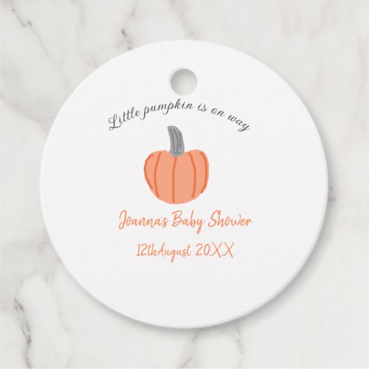 小さなかぼちゃがオレンジ色の灰色の赤ちゃんシャワーAに行く フェイバータグ (正面)