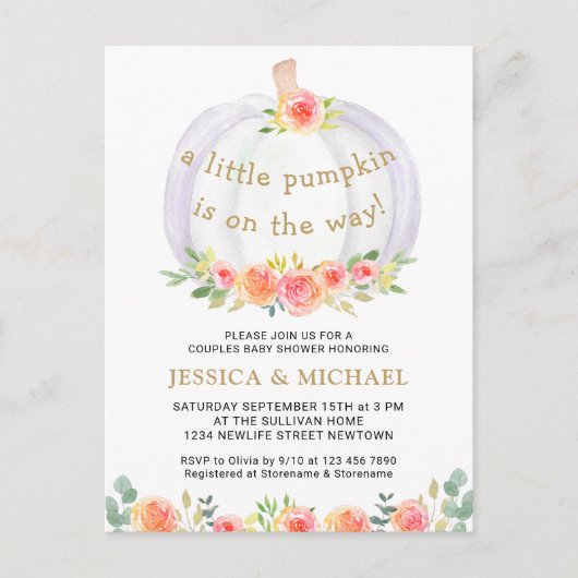 小さなかぼちゃがカップルの赤ちゃんシャワーを途中にある インビテーションポストカード (正面)