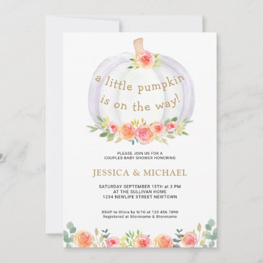 小さなかぼちゃがカップルの赤ちゃんシャワーを途中にある 招待状 (正面)