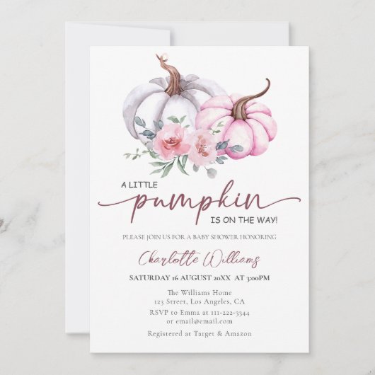 小さなかぼちゃが生まれてくる ピンクの女の子のベビーシャワー 招待状 (正面)