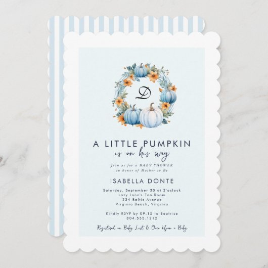 小さなかぼちゃが男の子の赤ちゃんシャワーに向かっている 招待状 (正面/裏面)