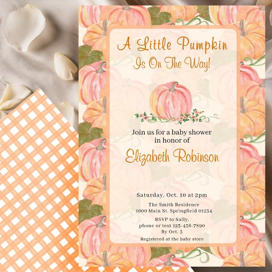 小さなかぼちゃが秋の赤ちゃんシャワーの途中にある 招待状