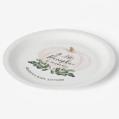 小さなかぼちゃが緑の赤ちゃんシャワーに向かっている ペーパープレート (アングル)