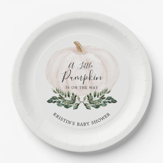 小さなかぼちゃが緑の赤ちゃんシャワーに向かっている ペーパープレート (正面)