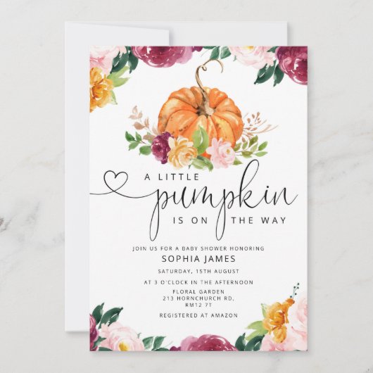 小さなかぼちゃが赤ちゃんシャワーの途中にある 招待状 (正面)