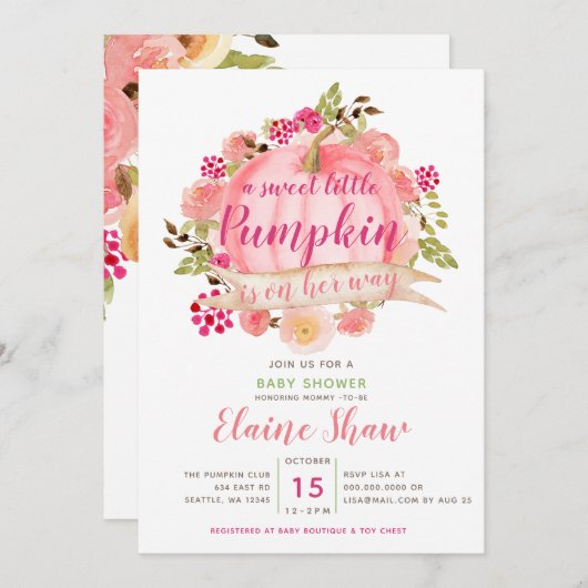 小さなかぼちゃが赤ちゃんシャワーの途中にある 招待状 (正面/裏面)