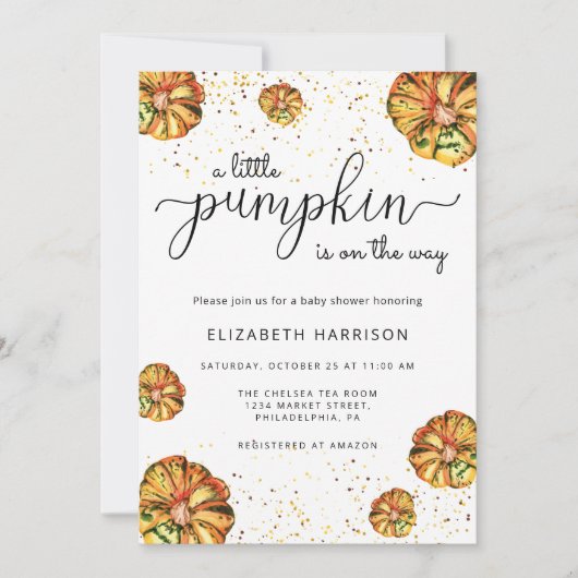 小さなかぼちゃが赤ちゃんシャワーの途中にある 招待状 (正面)