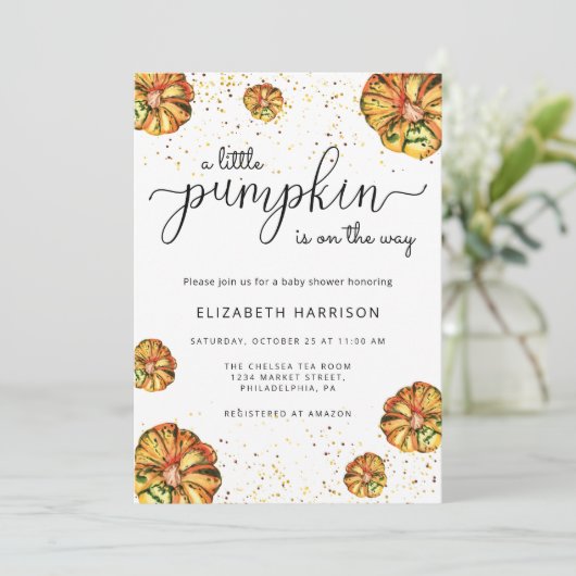 小さなかぼちゃが赤ちゃんシャワーの途中にある 招待状 (スタンド正面)