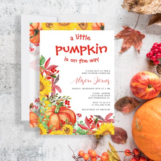 小さなかぼちゃが赤ちゃんシャワーの途中にある 招待状