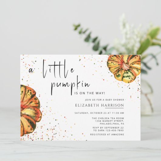 小さなかぼちゃが赤ちゃんシャワーの途中にある 招待状 (スタンド正面)