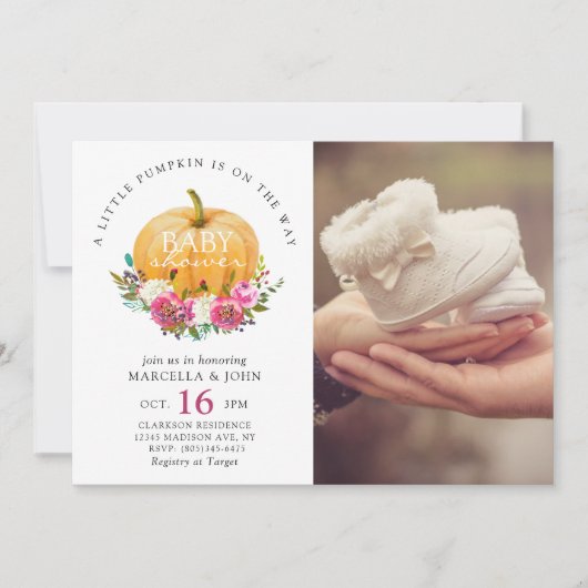 小さなかぼちゃが赤ちゃんシャワーを浴びている 招待状 (正面)