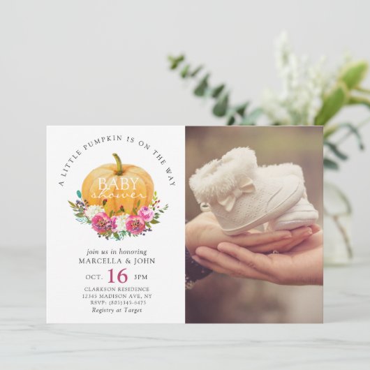 小さなかぼちゃが赤ちゃんシャワーを浴びている 招待状 (スタンド正面)