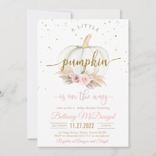 小さなかぼちゃが赤ちゃんシャワーを浴びている 招待状 (正面)